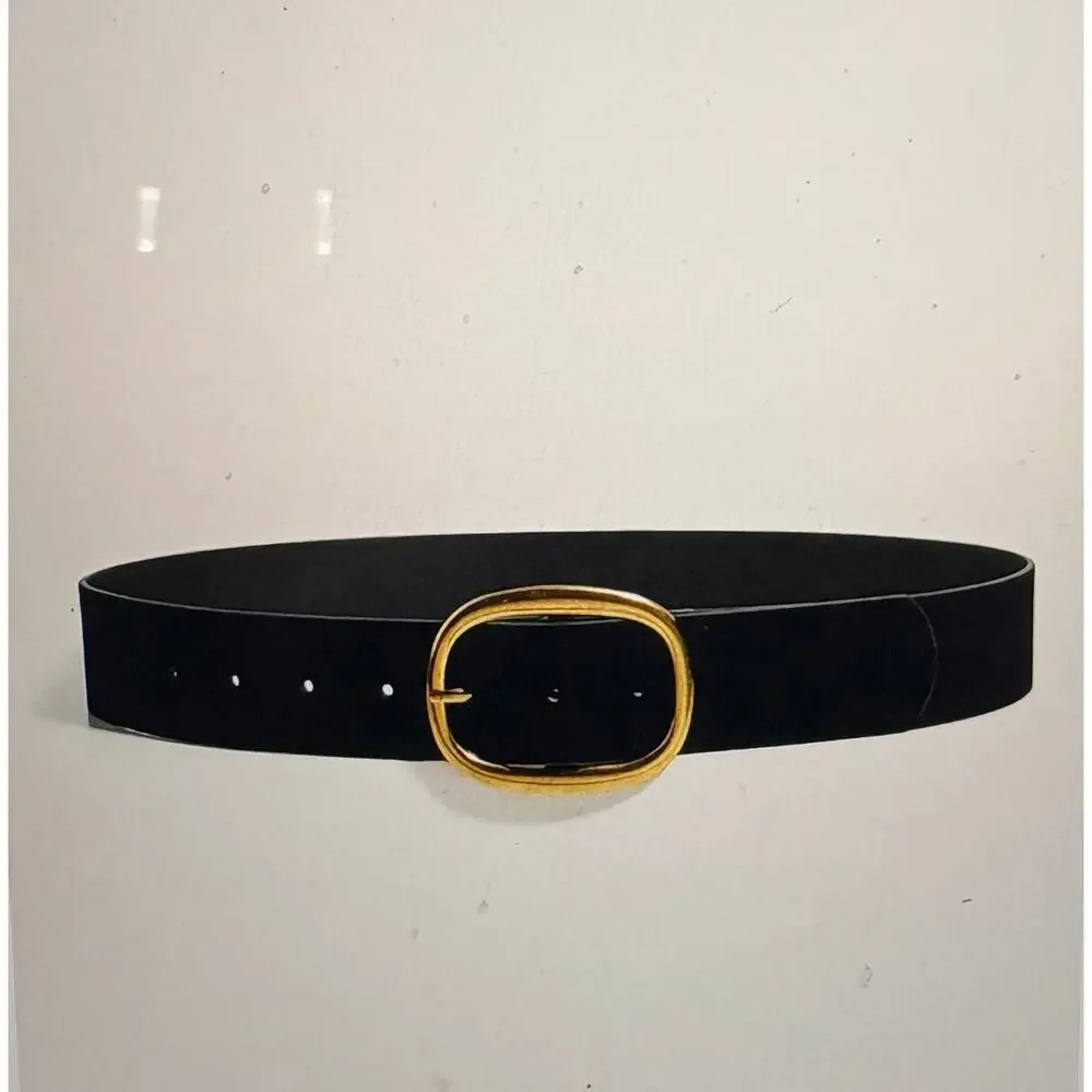 Women’s Boutique Black Designer Faux Suede Belt Gold  Buckle Adjustable 48” NWT